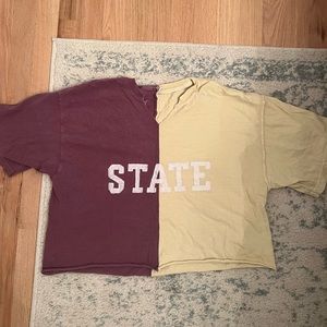 Half and half split FSU garnet and gold shirt